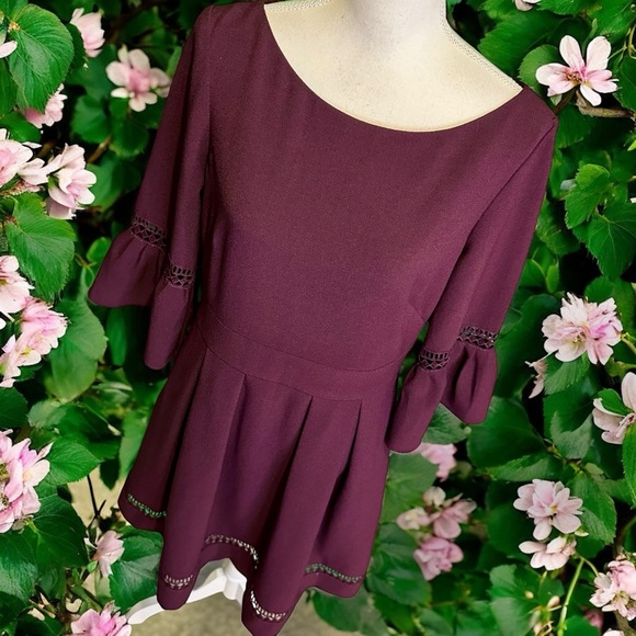 Eliza J ‘3/4 Length Bell Sleeve Fit & Flare Dress’ in “Plum Burgundy” Size 12 - Picture 15 of 15